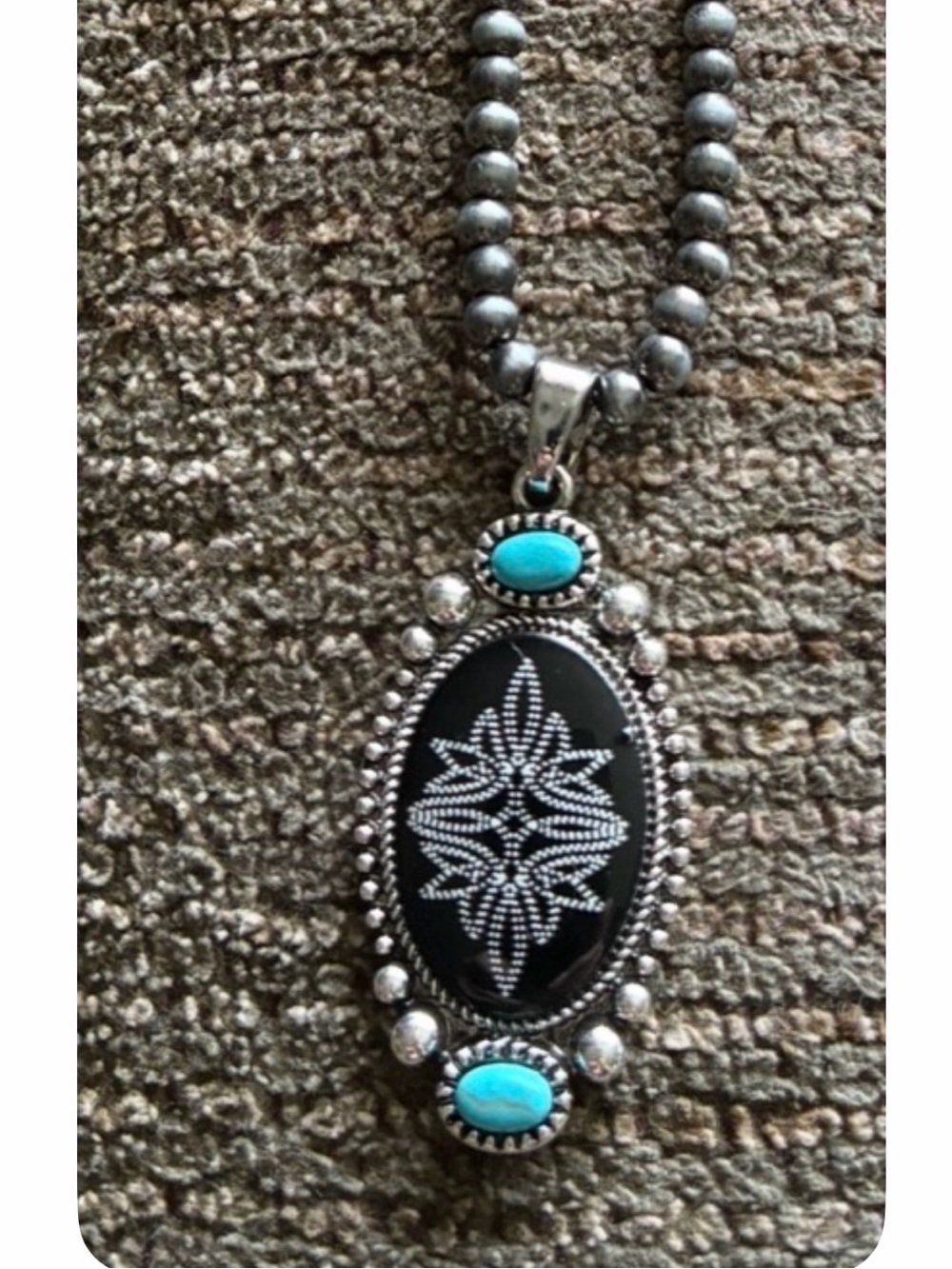 Silver-Tone Black and Turquoise Oval Pendant Necklace